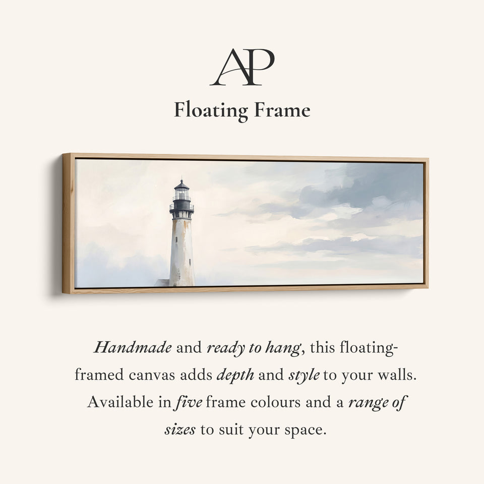Corner detail of the Hallway Wall Art Long Narrow Minimalist Lighthouse Under a Grey Sky canvas in a floating frame