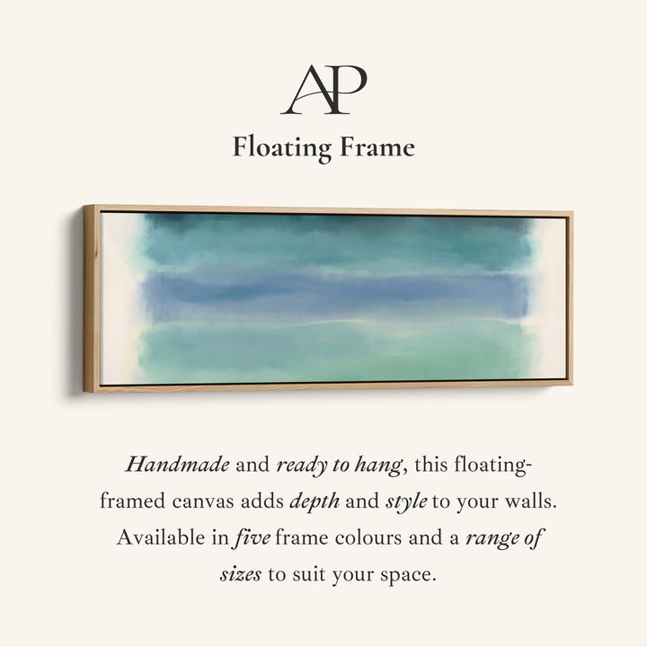 Corner detail of the Horizontal Wall Art Teal Colour Field Abstract for Office canvas in a floating frame