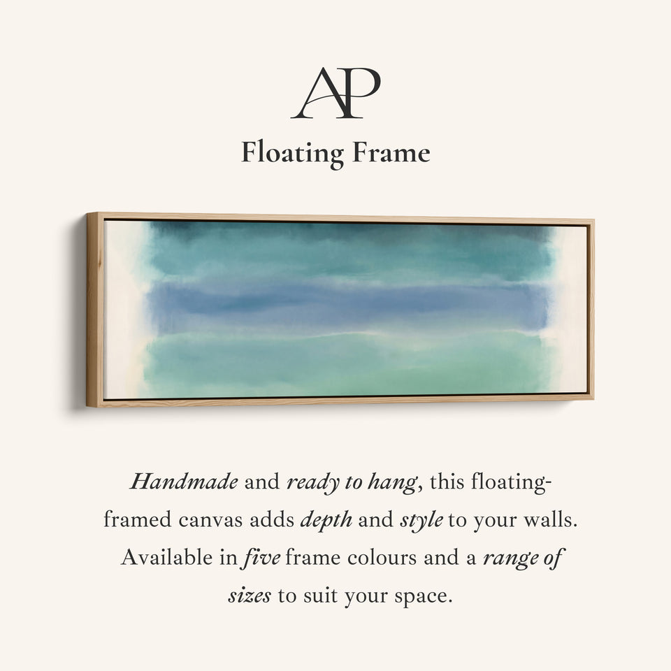Corner detail of the Horizontal Wall Art Teal Colour Field Abstract for Office canvas in a floating frame