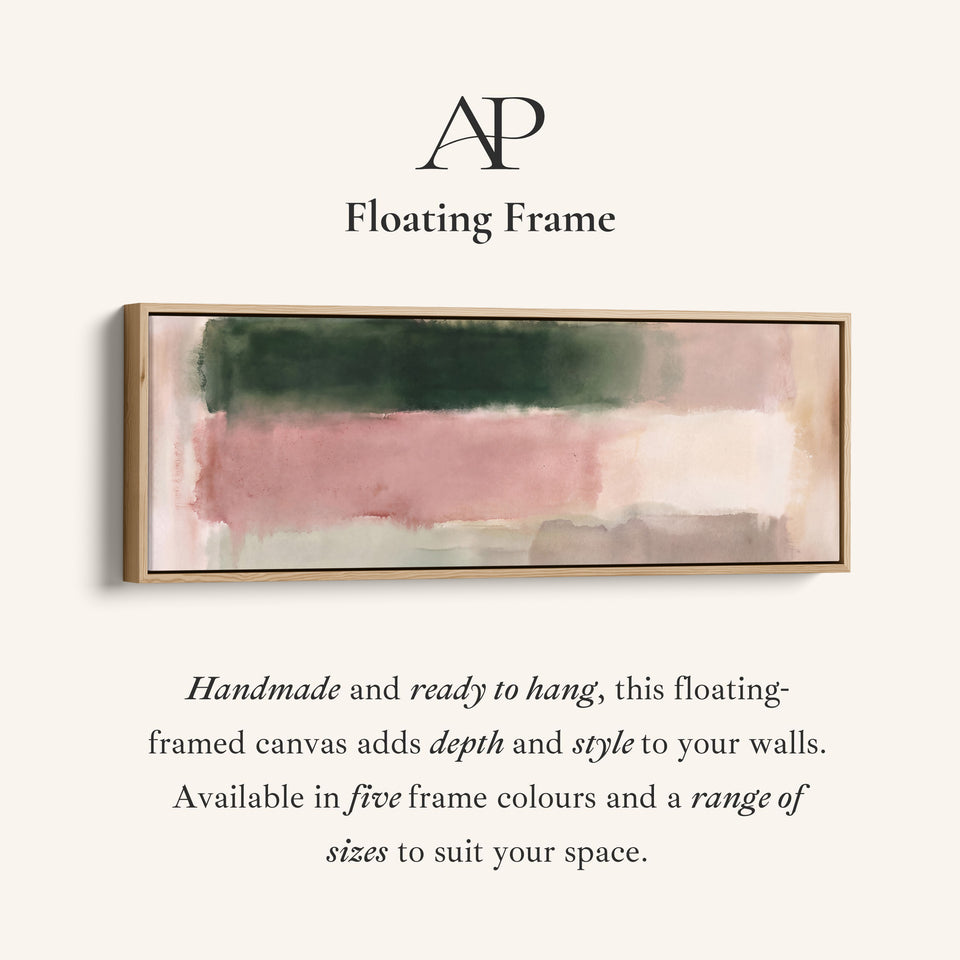 Corner detail of the Blush Colour Block Abstract Long Wall Art for Bedroom canvas in a floating frame