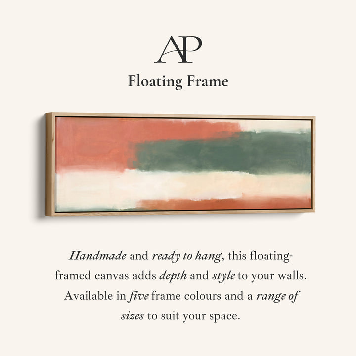 Corner detail of the Warm Modern Colour Block Abstract Panoramic Wall Art for Living Room canvas in a floating frame