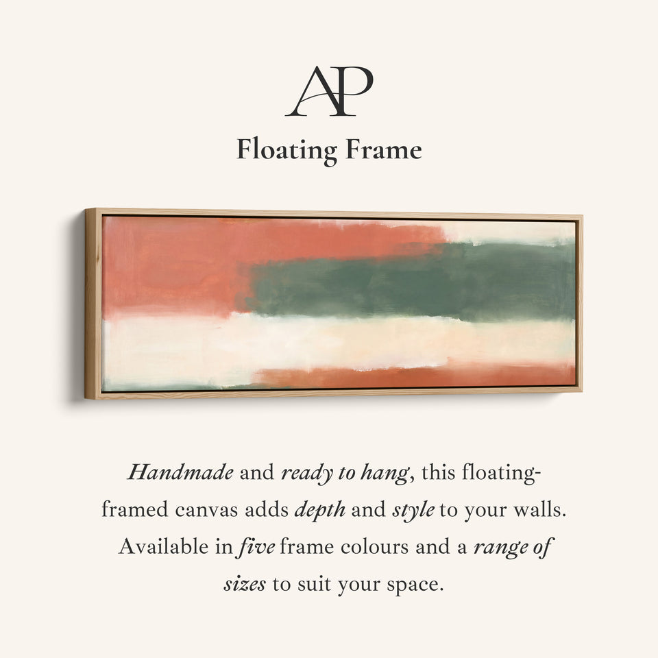 Corner detail of the Warm Modern Colour Block Abstract Panoramic Wall Art for Living Room canvas in a floating frame