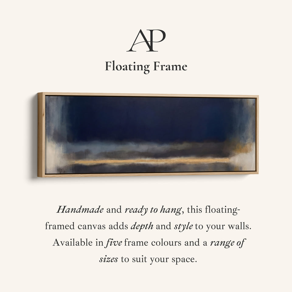Corner detail of the Office Wall Art Large Horizontal Moody Navy Colour Field Abstract canvas in a floating frame