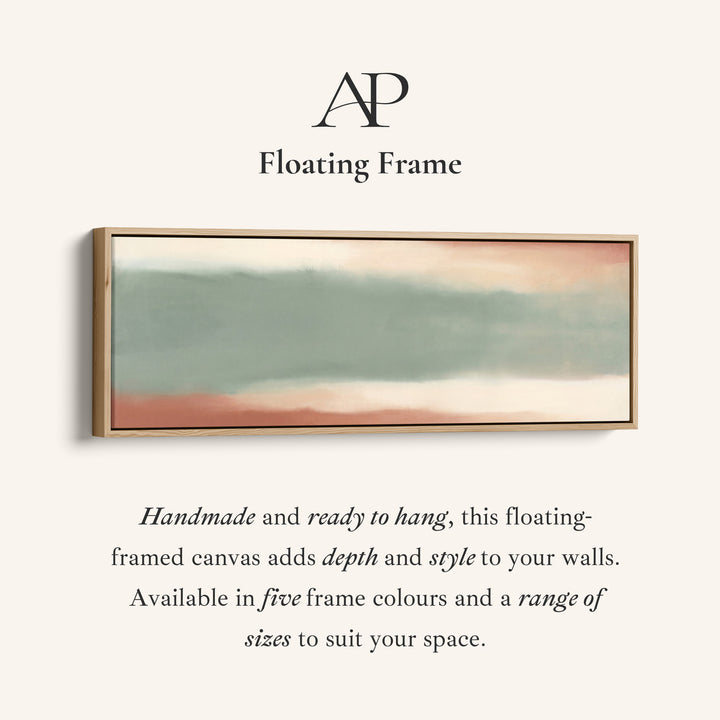 Corner detail of the Soft Sage Colour Field Abstract Horizontal Wall Art Above Couch canvas in a floating frame