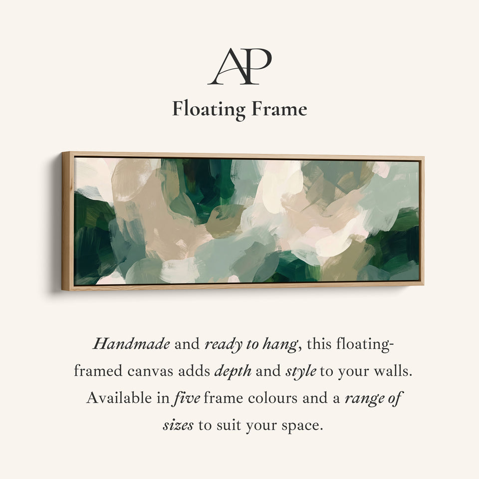 Corner detail of the Bedroom Wall Art Panoramic Green Brushstroke Abstract Canvas canvas in a floating frame