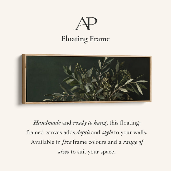 Corner detail of the Panoramic Wall Art Olive Branches on a Dark Background for Kitchen canvas in a floating frame