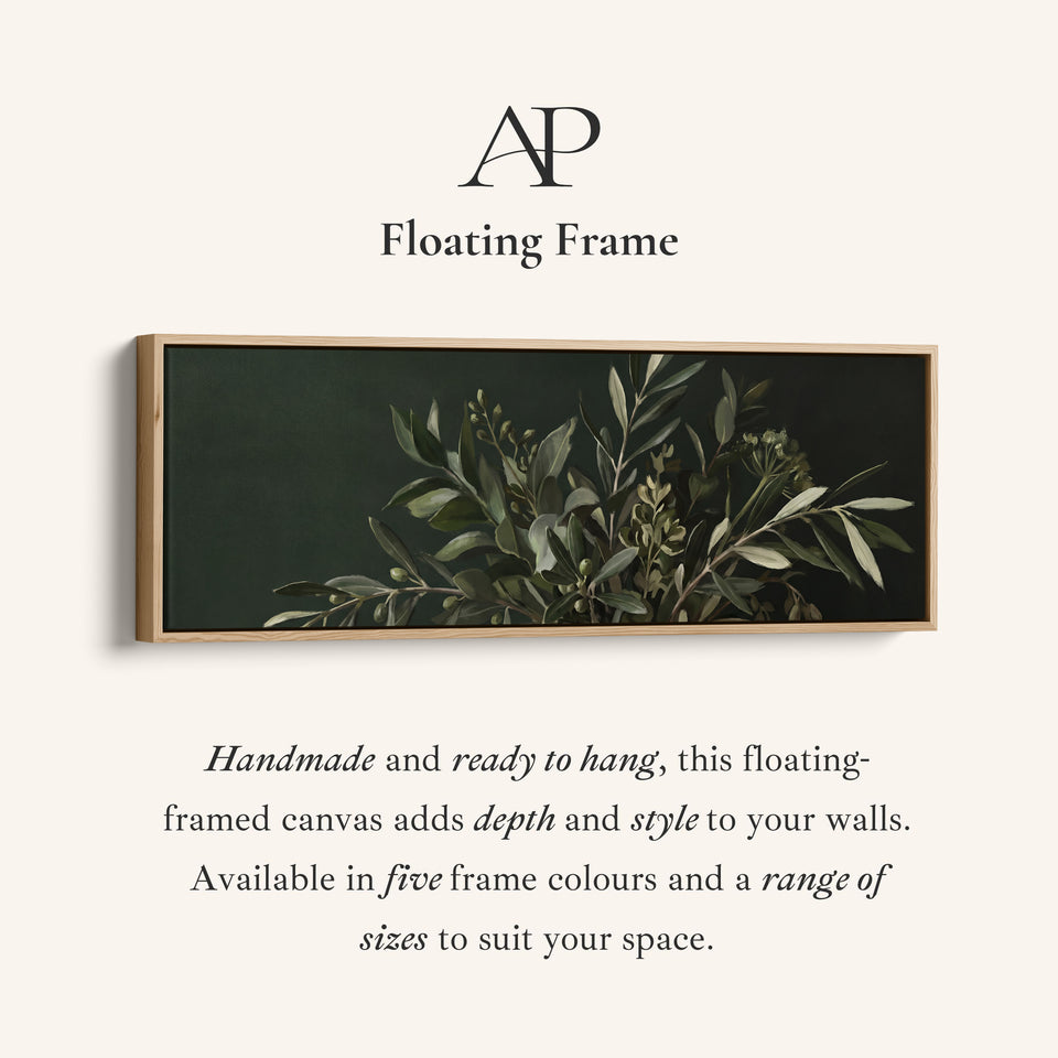 Corner detail of the Panoramic Wall Art Olive Branches on a Dark Background for Kitchen canvas in a floating frame