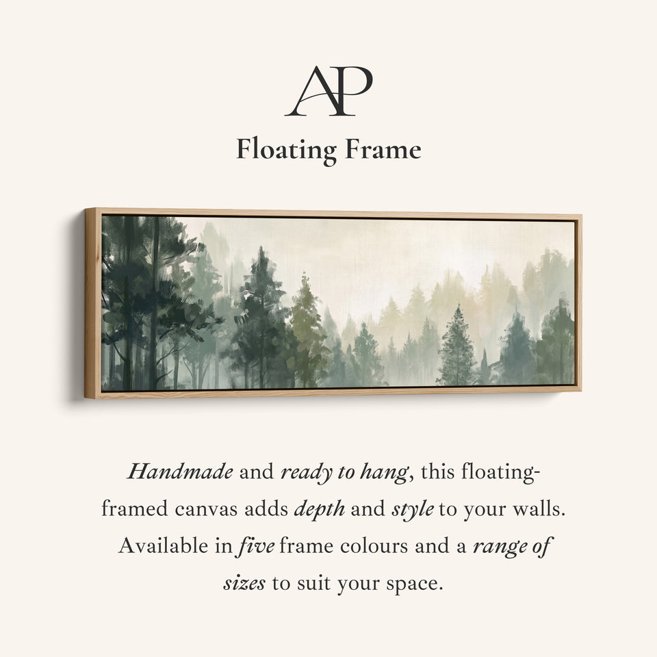 Corner detail of the Misty Pine Forest Long Narrow Wall Art for Above Bed canvas in a floating frame