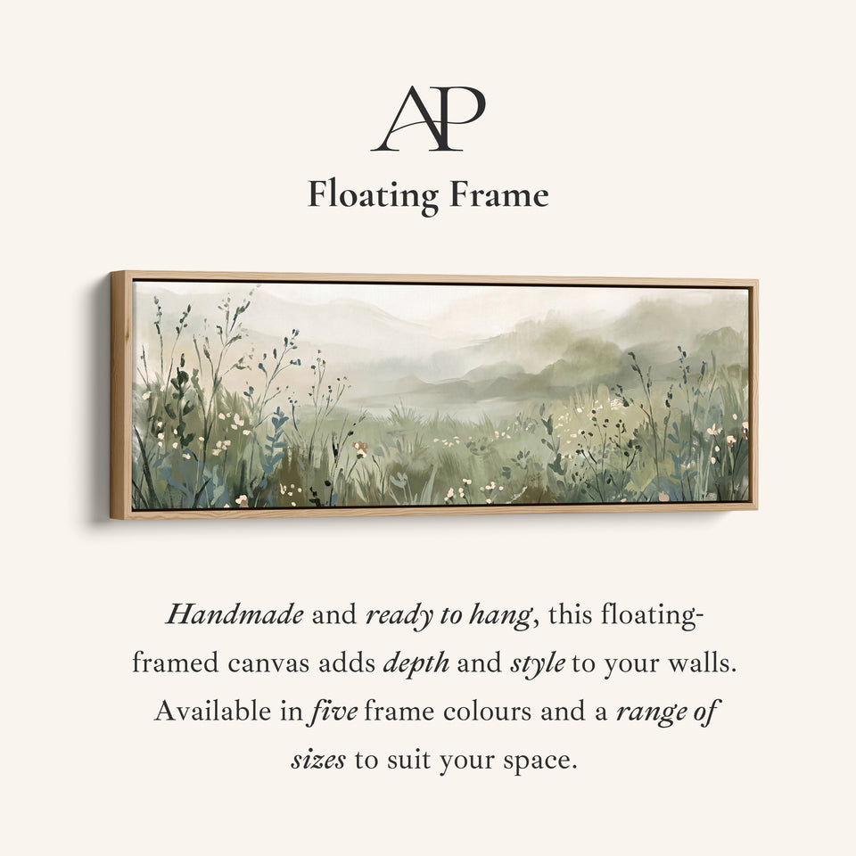 Corner detail of the Soft and Dreamy Wildflower Meadow in the Mist Horizontal Wall Art for Living Room canvas in a floating frame