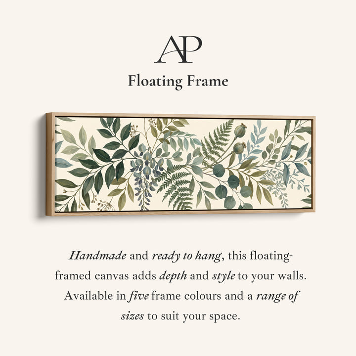 Corner detail of the Dining Room Wall Art Long Horizontal Fern and Eucalyptus Botanical canvas in a floating frame