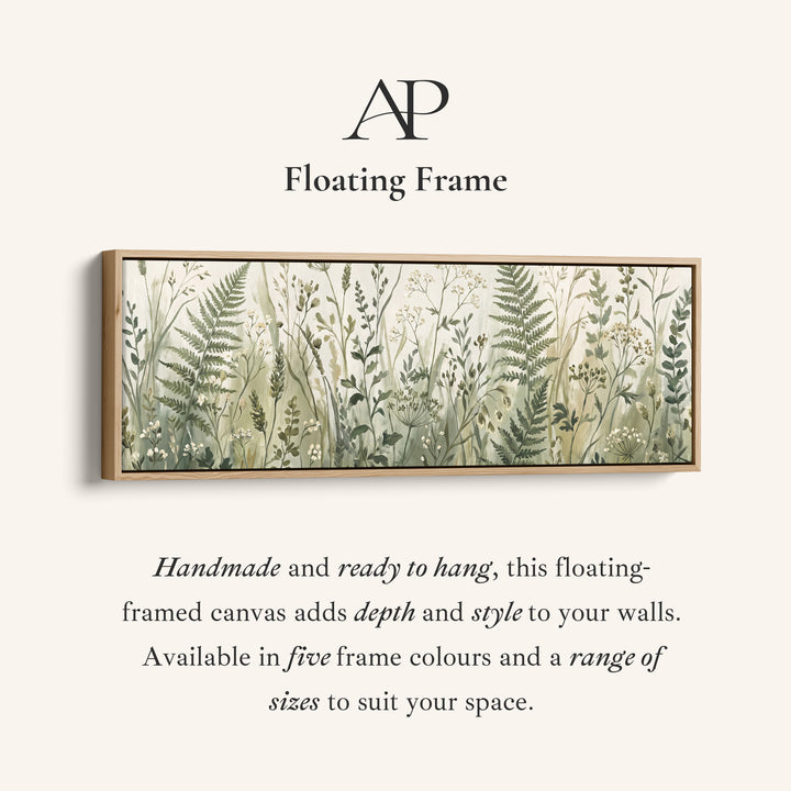 Corner detail of the Long Wall Art Ferns and Wild Grasses Botanical Canvas for Hallway canvas in a floating frame