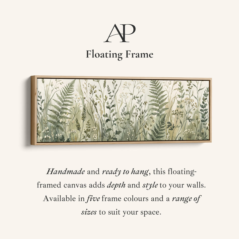 Corner detail of the Long Wall Art Ferns and Wild Grasses Botanical Canvas for Hallway canvas in a floating frame