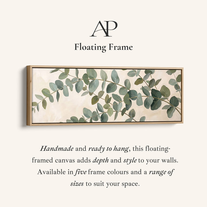 Corner detail of the Eucalyptus Branches Panoramic Wall Art Large Canvas for Bedroom canvas in a floating frame