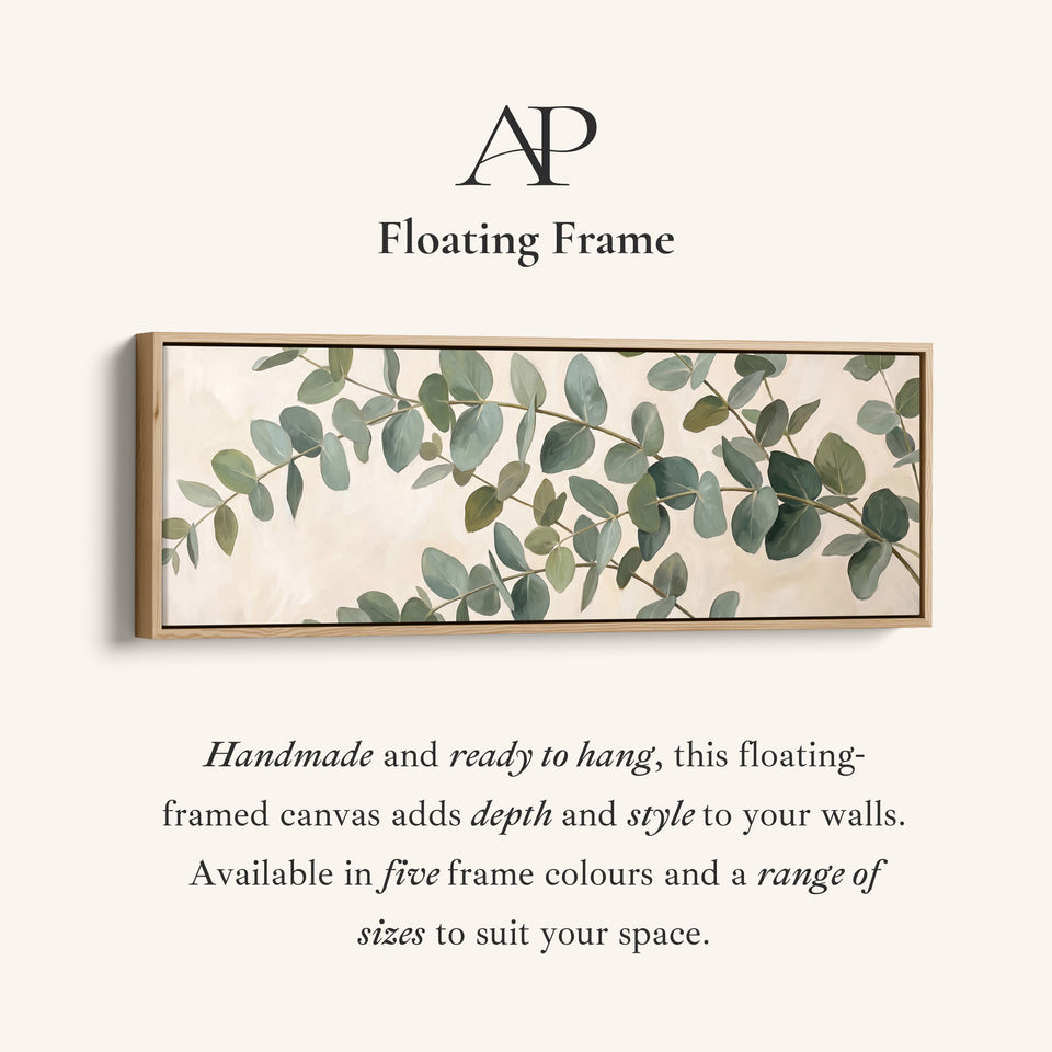 Corner detail of the Eucalyptus Branches Panoramic Wall Art Large Canvas for Bedroom canvas in a floating frame
