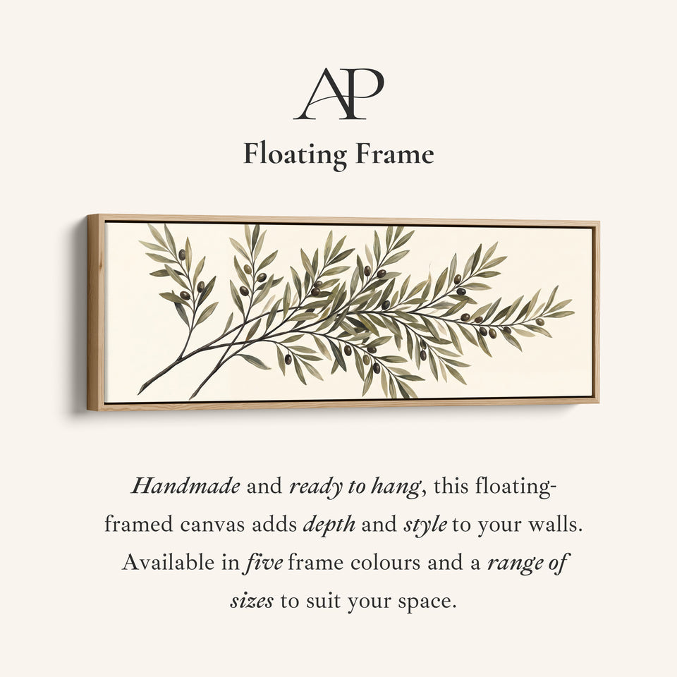 Corner detail of the Simple Mediterranean Olive Branch Long Narrow Wall Art for Kitchen canvas in a floating frame