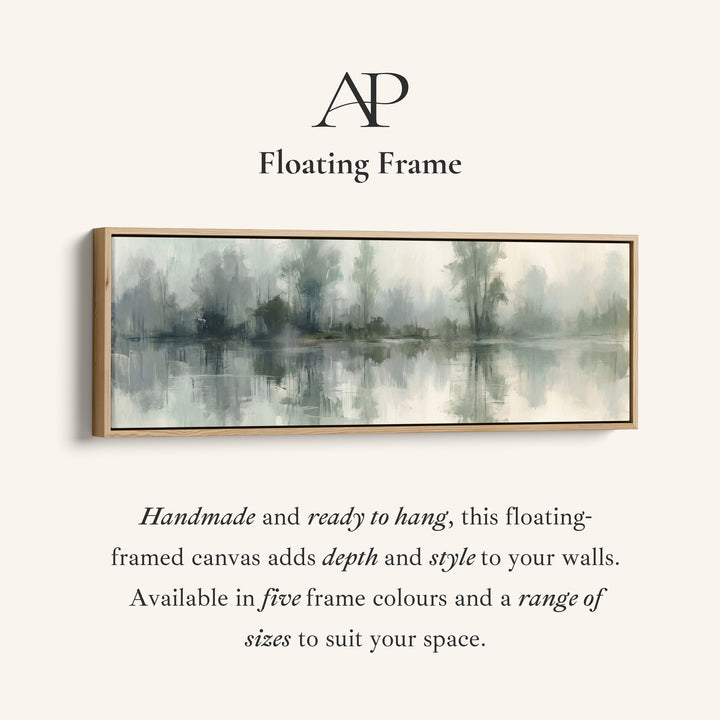 Corner detail of the Above Couch Wall Art Long Misty Lake with Tree Reflections canvas in a floating frame
