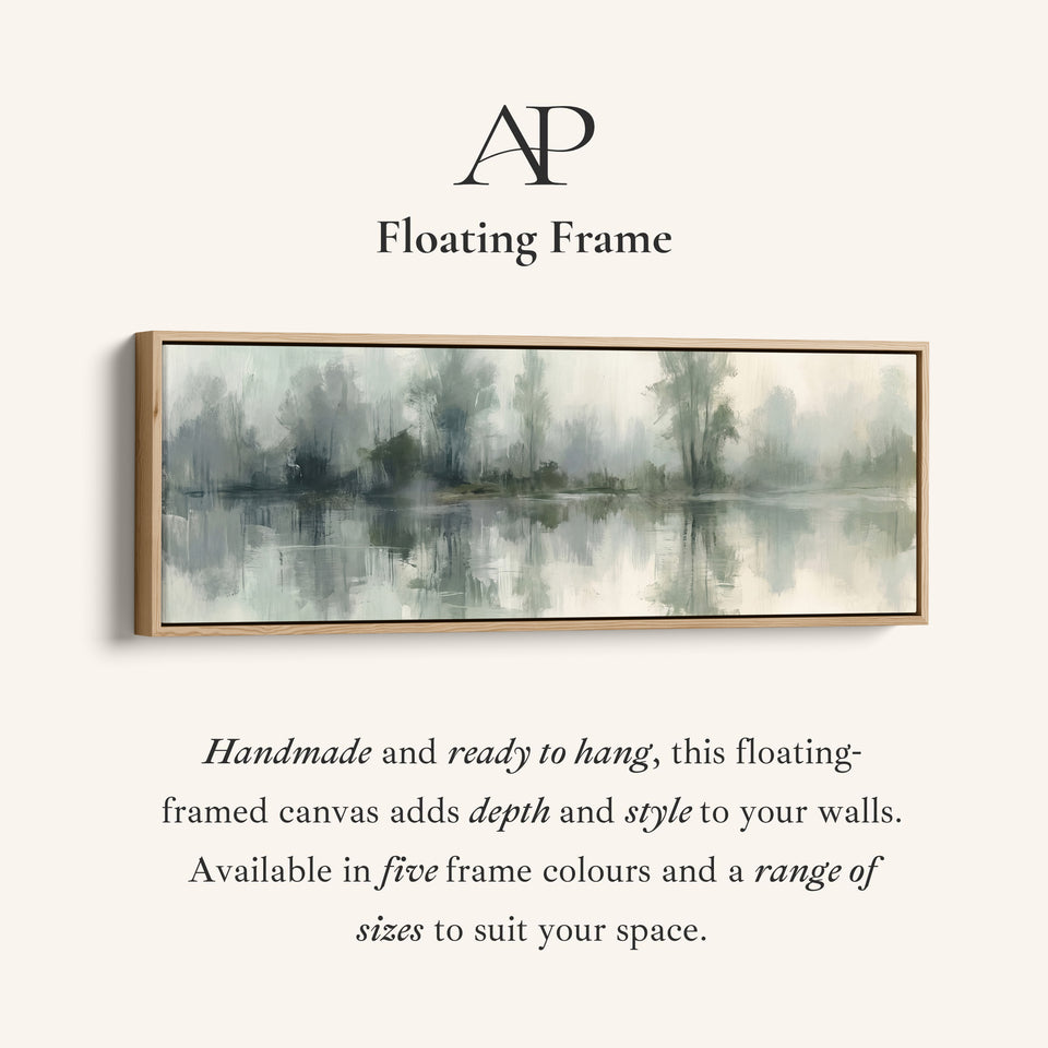 Corner detail of the Above Couch Wall Art Long Misty Lake with Tree Reflections canvas in a floating frame