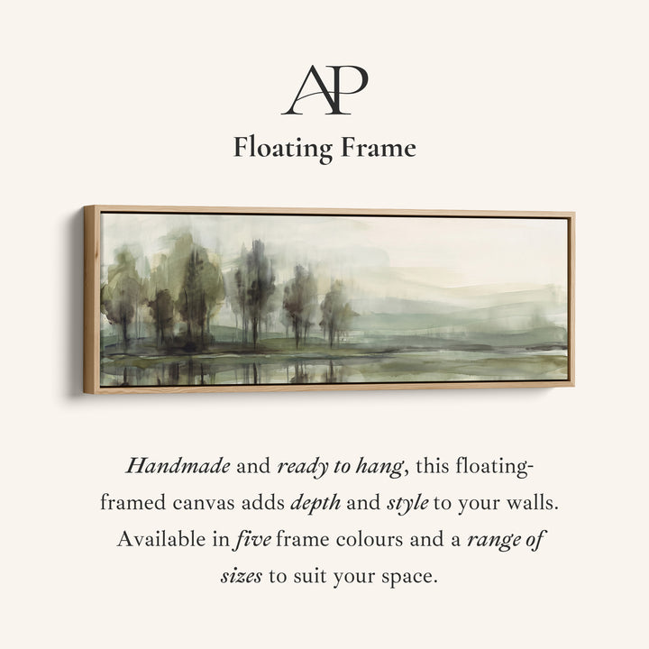 Corner detail of the Horizontal Wall Art Watercolor Trees by a Still Lake for Living Room canvas in a floating frame