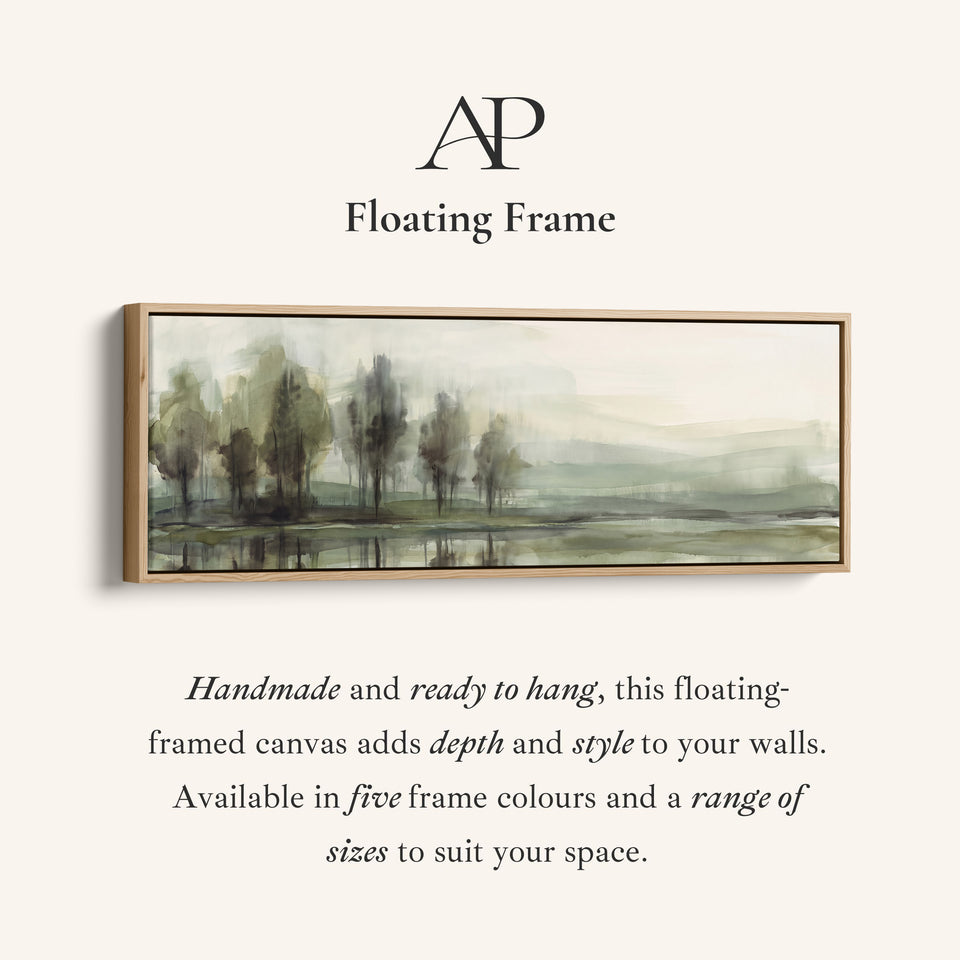 Corner detail of the Horizontal Wall Art Watercolor Trees by a Still Lake for Living Room canvas in a floating frame