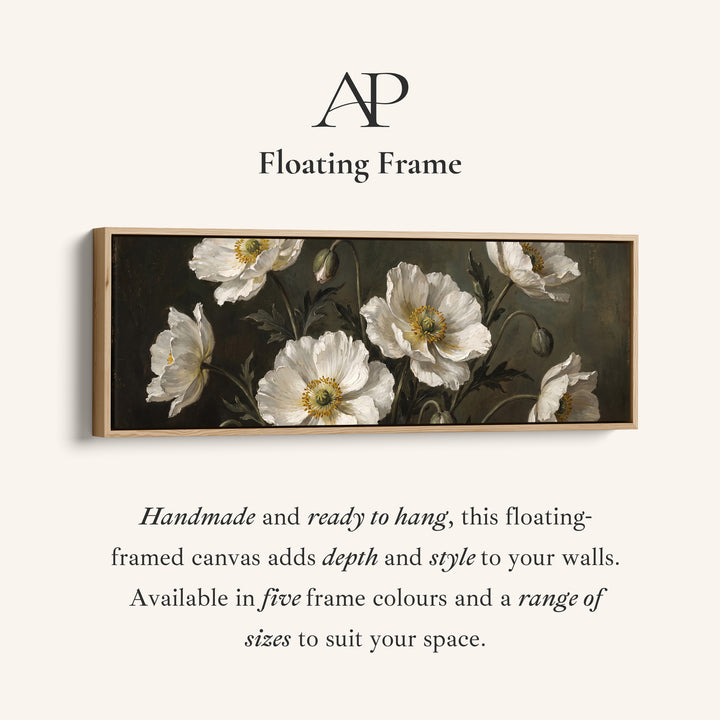Corner detail of the White Anemones on Dark Background Long Wall Art for Dining Room canvas in a floating frame