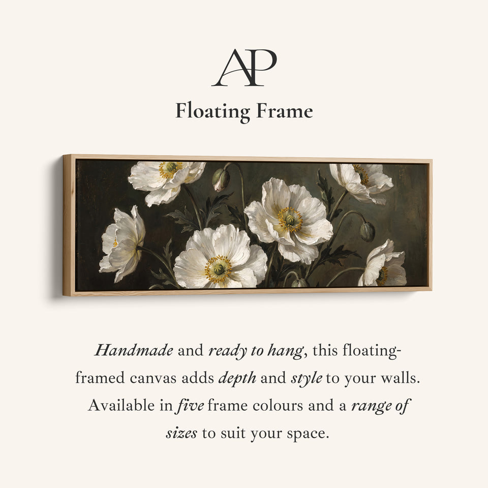 Corner detail of the White Anemones on Dark Background Long Wall Art for Dining Room canvas in a floating frame