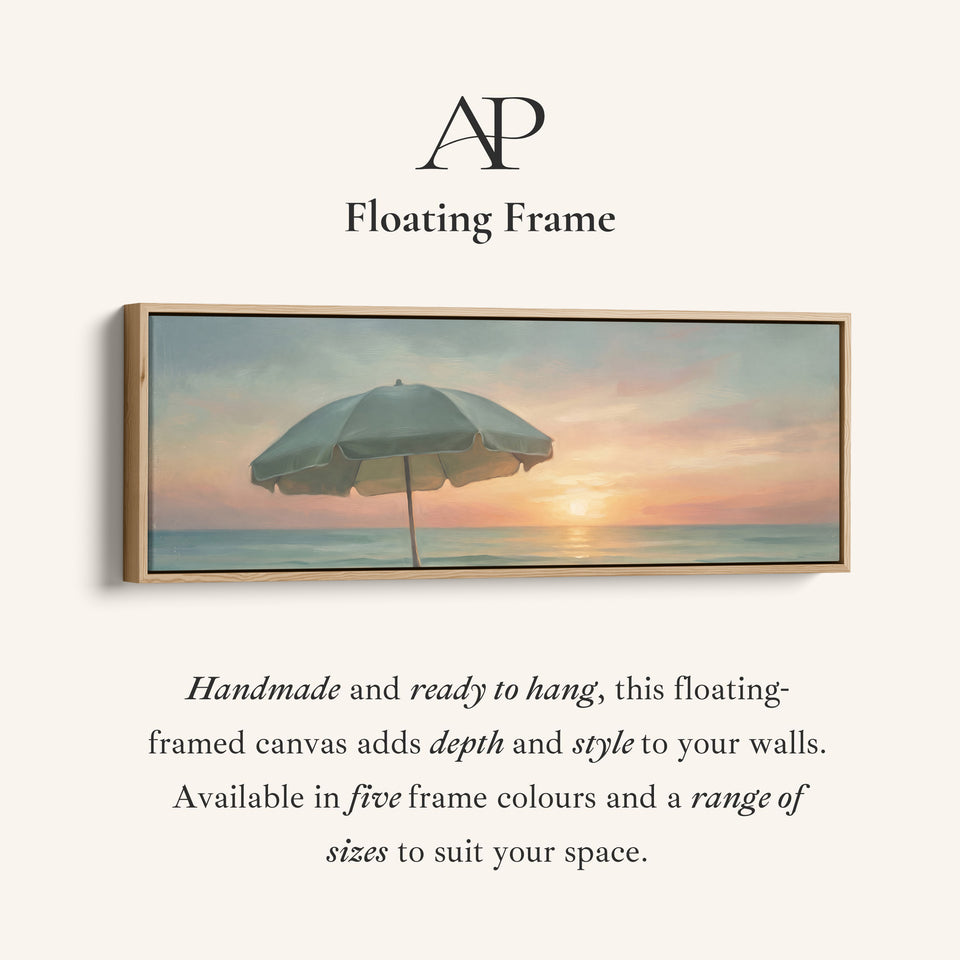 Corner detail of the Calm Seaside Beach Umbrella at Sunset Panoramic Wall Art for Bedroom canvas in a floating frame