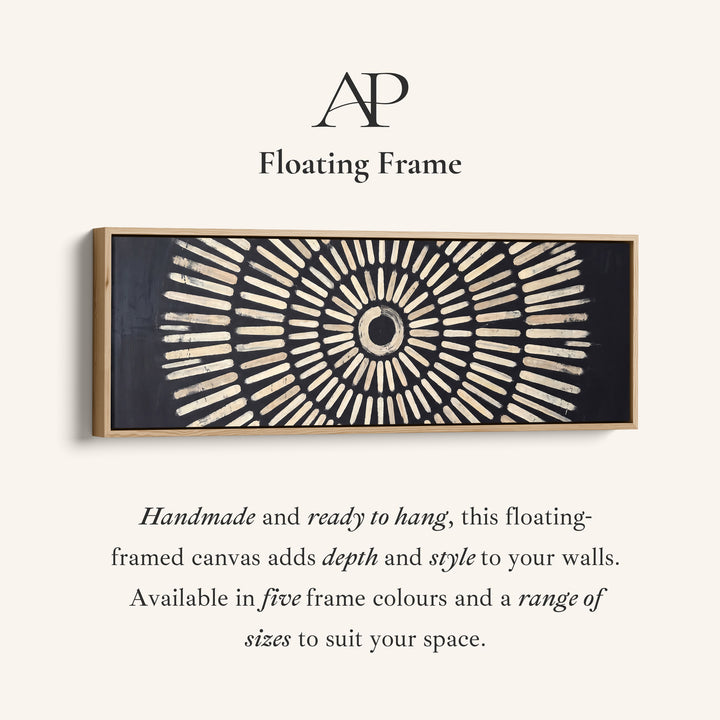 Corner detail of the Living Room Wall Art Long Narrow Black Sunburst Geometric Canvas canvas in a floating frame