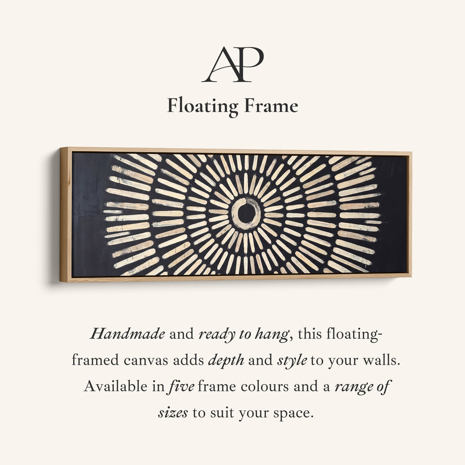 Corner detail of the Living Room Wall Art Long Narrow Black Sunburst Geometric Canvas canvas in a floating frame