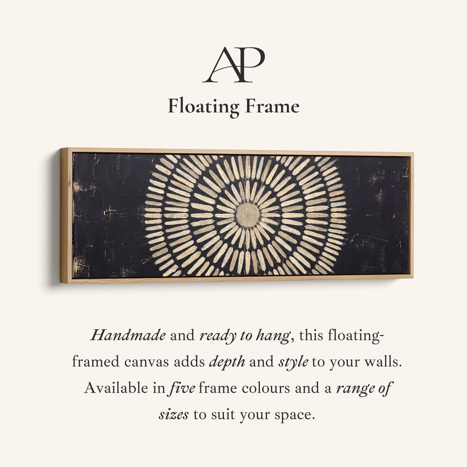 Corner detail of the Long Narrow Wall Art Radial Mandala Pattern for Hallway canvas in a floating frame
