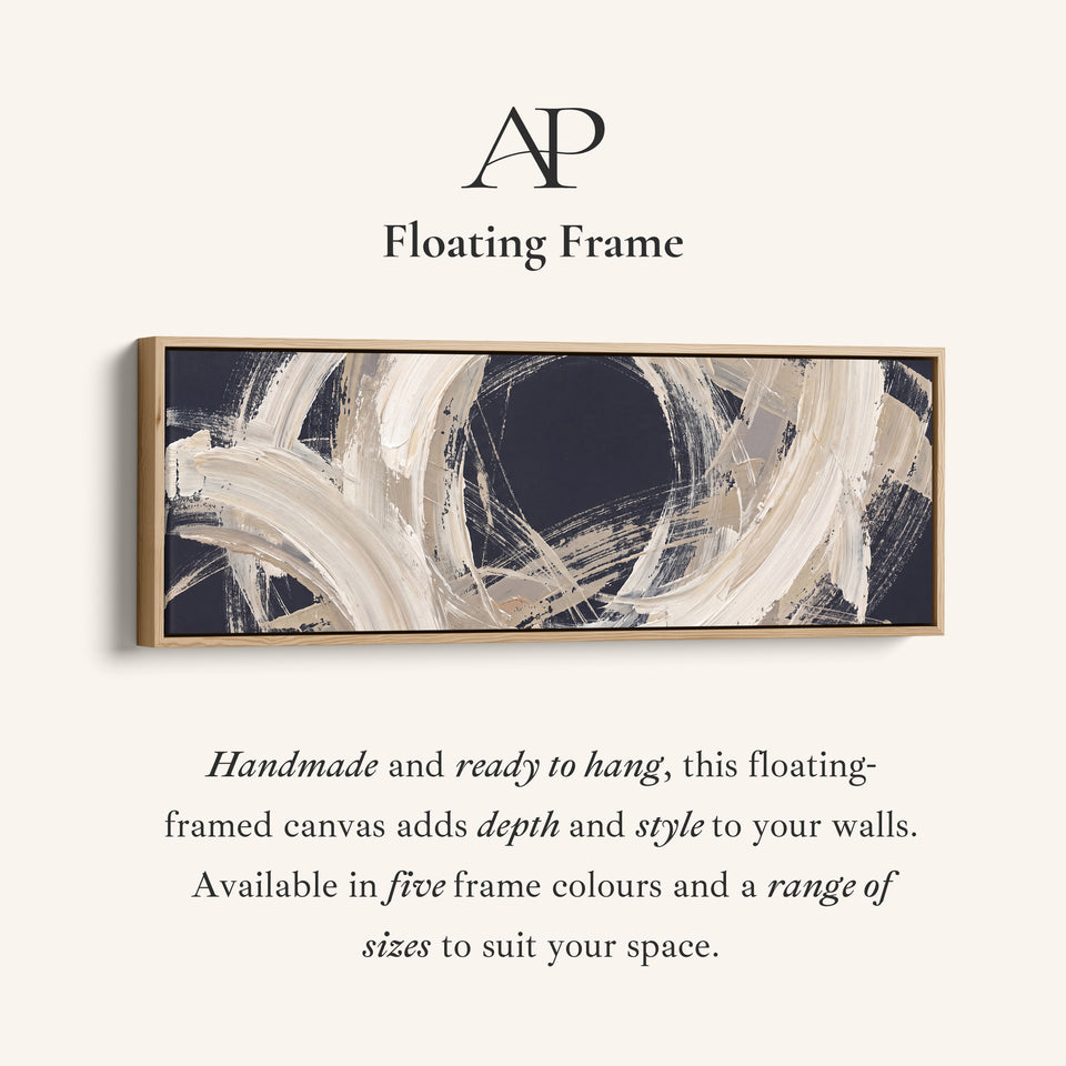 Corner detail of the Modern Graphic Brushstroke Circle Abstract Long Wall Art for Living Room canvas in a floating frame