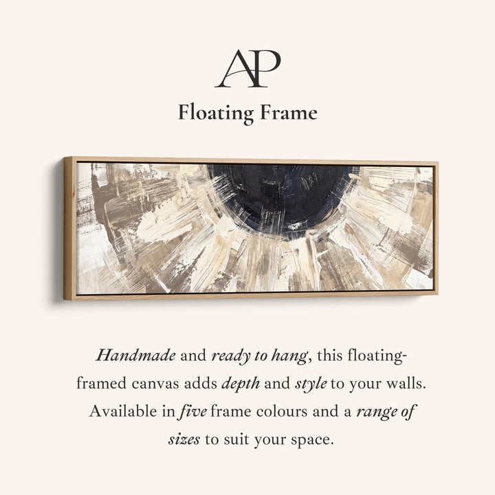 Corner detail of the Above Bed Wall Art Panoramic Neutral Brushstroke Sunburst Abstract canvas in a floating frame