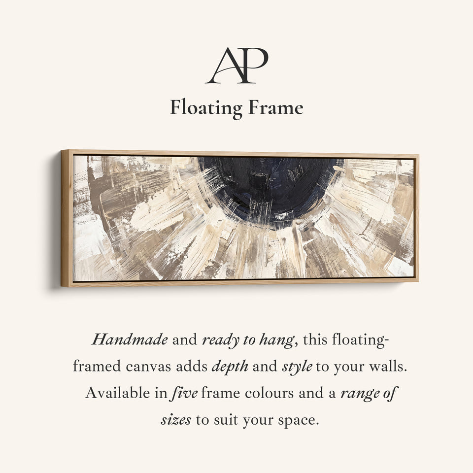 Corner detail of the Above Bed Wall Art Panoramic Neutral Brushstroke Sunburst Abstract canvas in a floating frame