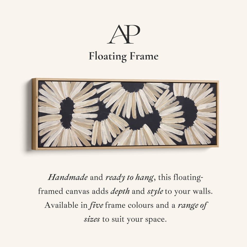 Corner detail of the Panoramic Wall Art Black Brushstroke Flower Pattern for Dining Room canvas in a floating frame
