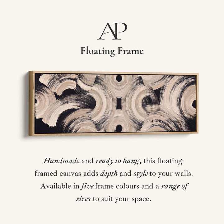 Corner detail of the Neutral Brushstroke Arcs Pattern Long Narrow Wall Art Above Couch canvas in a floating frame