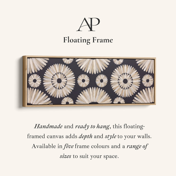 Corner detail of the Modern Boho Mandala Pattern Horizontal Wall Art for Bedroom canvas in a floating frame
