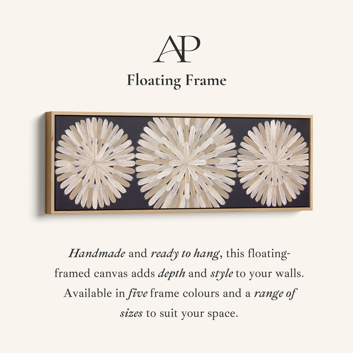 Corner detail of the Hallway Wall Art Long Horizontal Three Brushstroke Medallions canvas in a floating frame