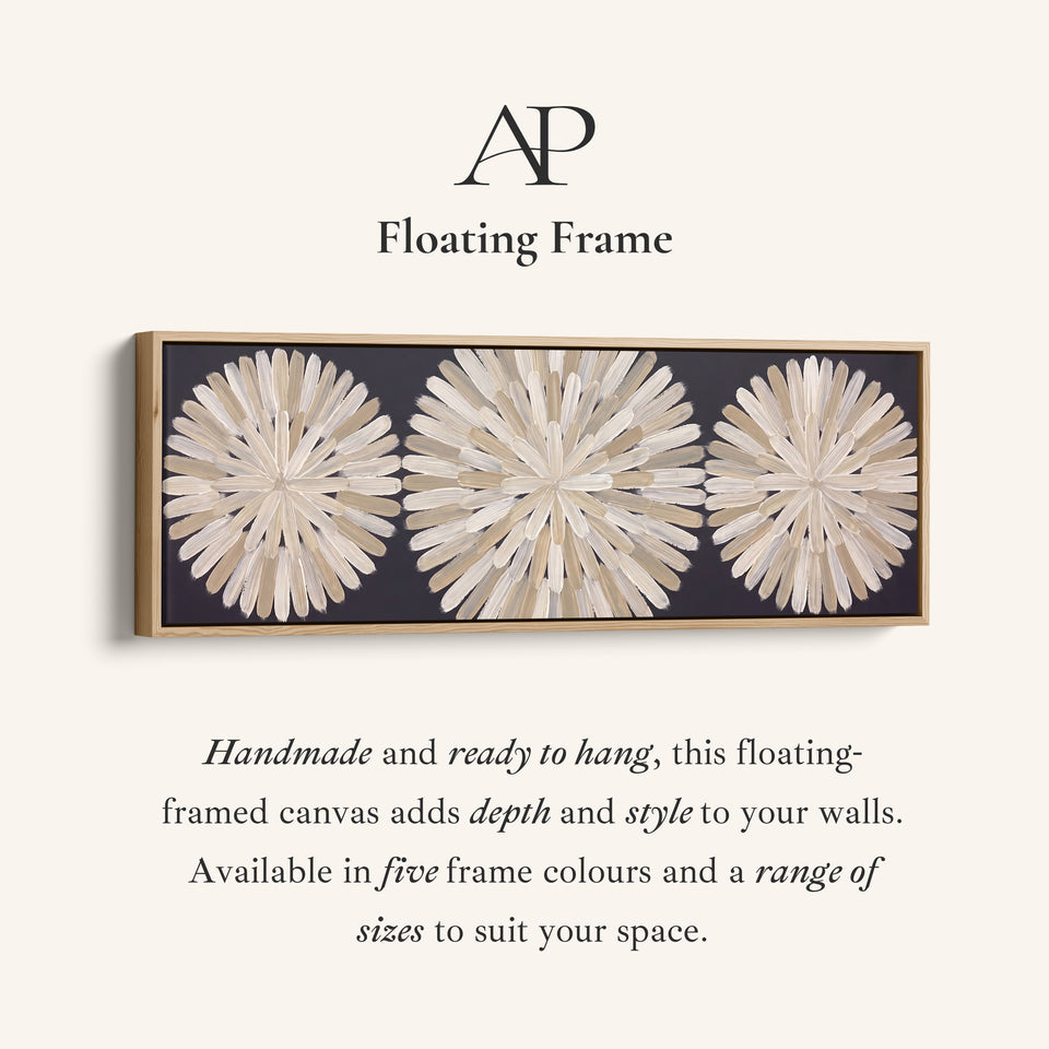 Corner detail of the Hallway Wall Art Long Horizontal Three Brushstroke Medallions canvas in a floating frame