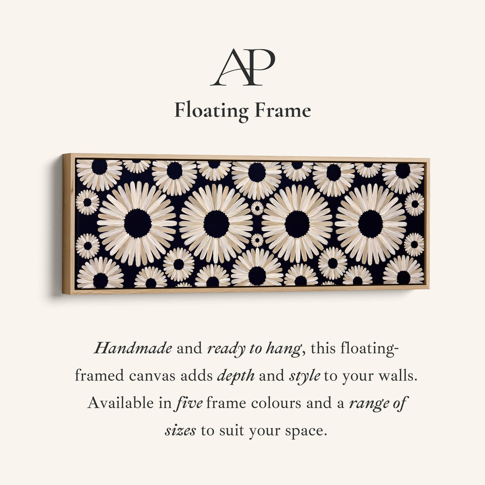 Corner detail of the Long Wall Art Navy Daisy Pattern Abstract for Office canvas in a floating frame