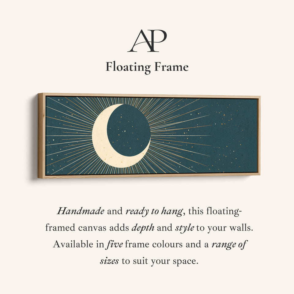 Corner detail of the Teal Crescent Moon and Stars Panoramic Wall Art for Bedroom canvas in a floating frame