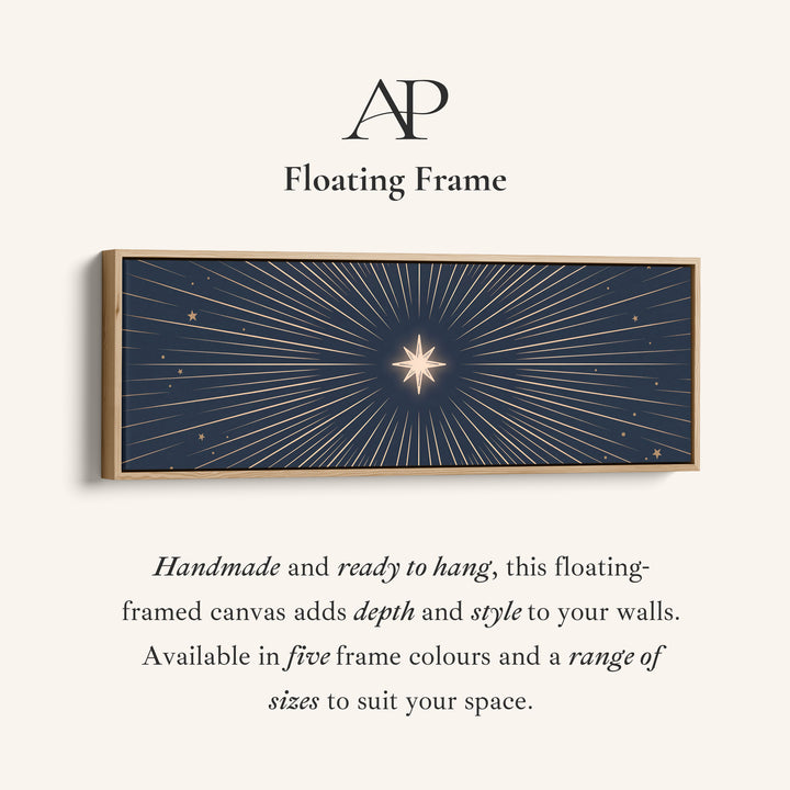 Corner detail of the Mystical Celestial North Star Long Narrow Wall Art Above Bed canvas in a floating frame