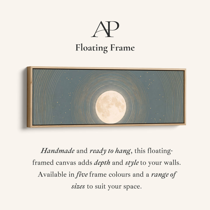 Corner detail of the Bedroom Wall Art Long Horizontal Full Moon with Celestial Rings canvas in a floating frame