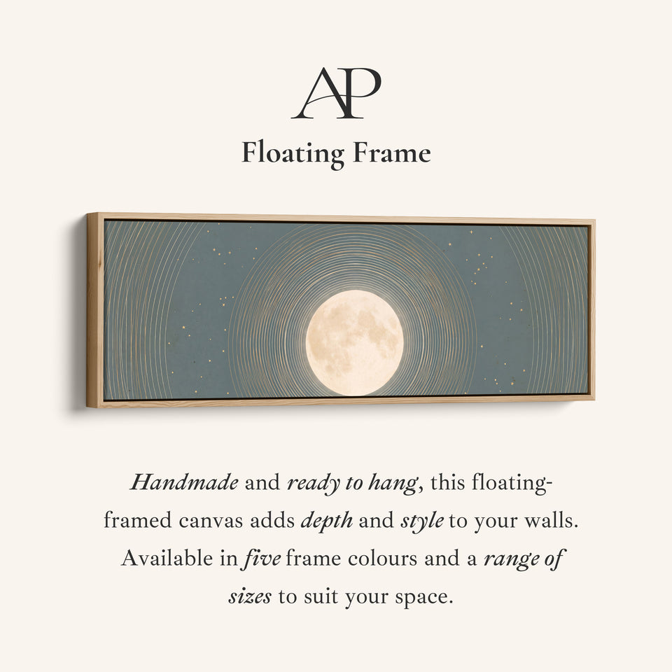 Corner detail of the Bedroom Wall Art Long Horizontal Full Moon with Celestial Rings canvas in a floating frame