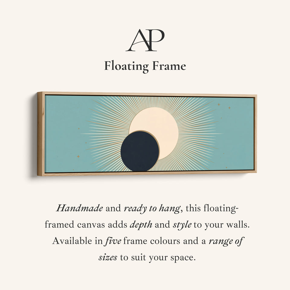 Corner detail of the Horizontal Wall Art Aqua Celestial Eclipse Sun and Moon for Living Room canvas in a floating frame