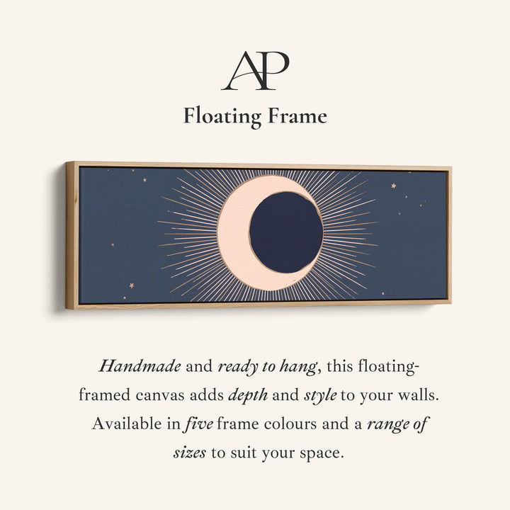 Corner detail of the Navy Crescent Eclipse Long Wall Art Large Canvas Above Bed canvas in a floating frame