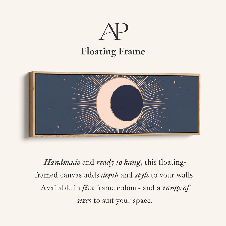 Corner detail of the Navy Crescent Eclipse Long Wall Art Large Canvas Above Bed canvas in a floating frame