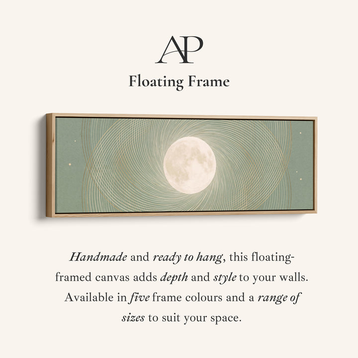 Corner detail of the Above Couch Wall Art Panoramic Sage Full Moon Celestial Canvas canvas in a floating frame