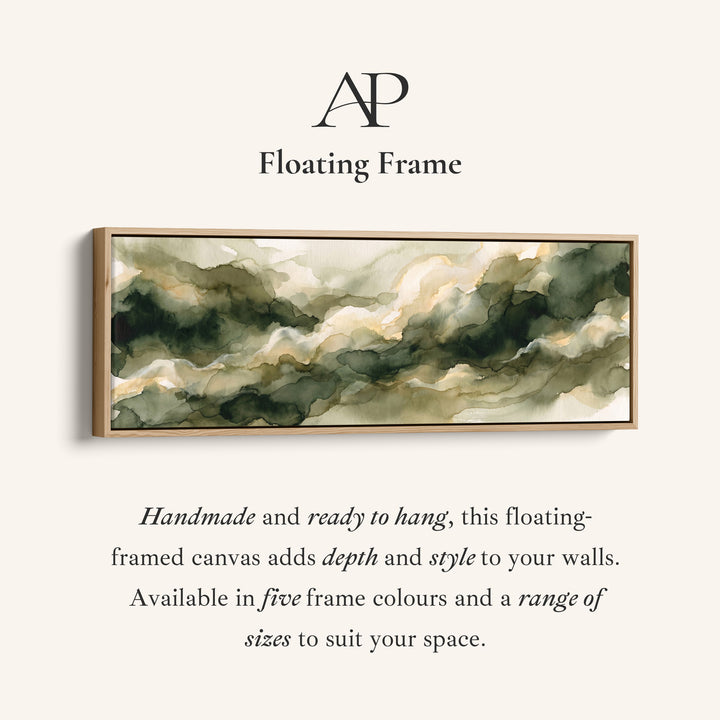 Corner detail of the Long Narrow Wall Art Sage Watercolor Clouds Abstract for Living Room canvas in a floating frame