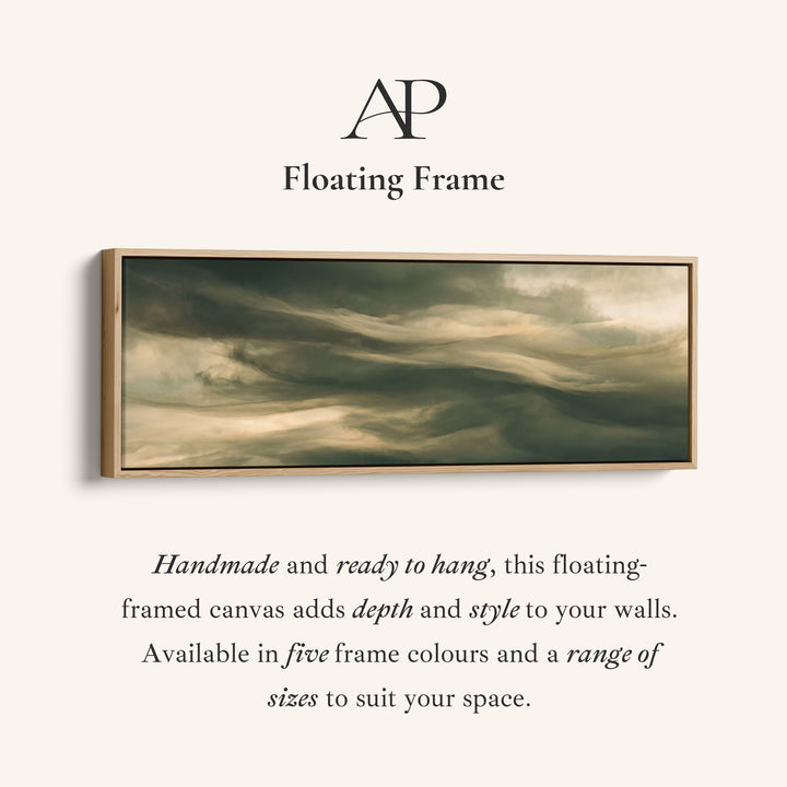 Corner detail of the Moody Swirling Clouds Horizontal Wall Art Large Canvas for Office canvas in a floating frame