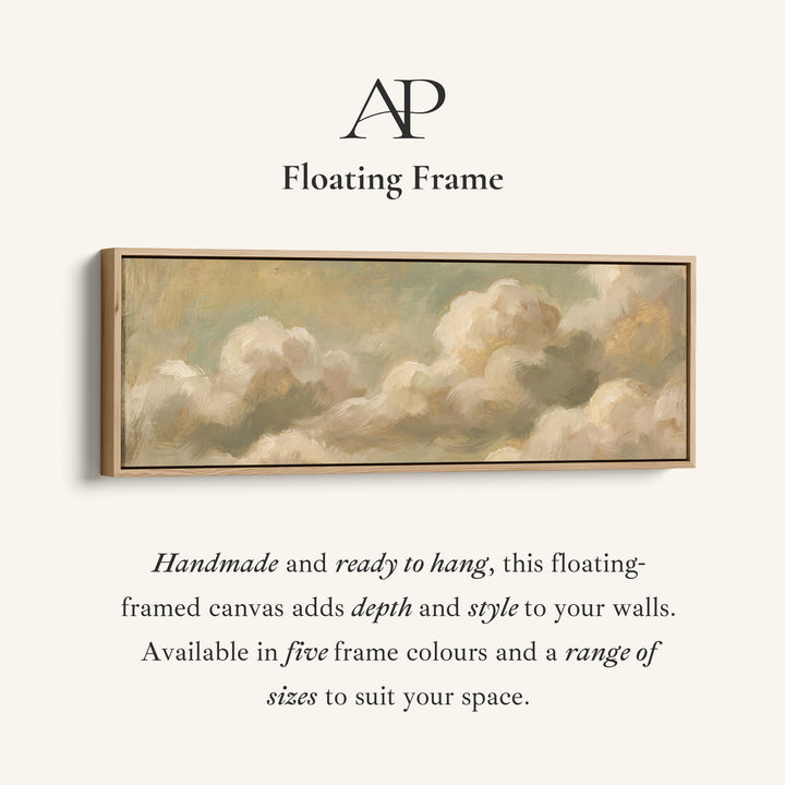 Corner detail of the Soft Romantic Cream Clouds Long Wall Art Above Bed canvas in a floating frame