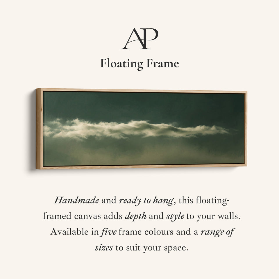 Corner detail of the Living Room Wall Art Long Narrow Cloud Band on Dark Green Minimalist canvas in a floating frame